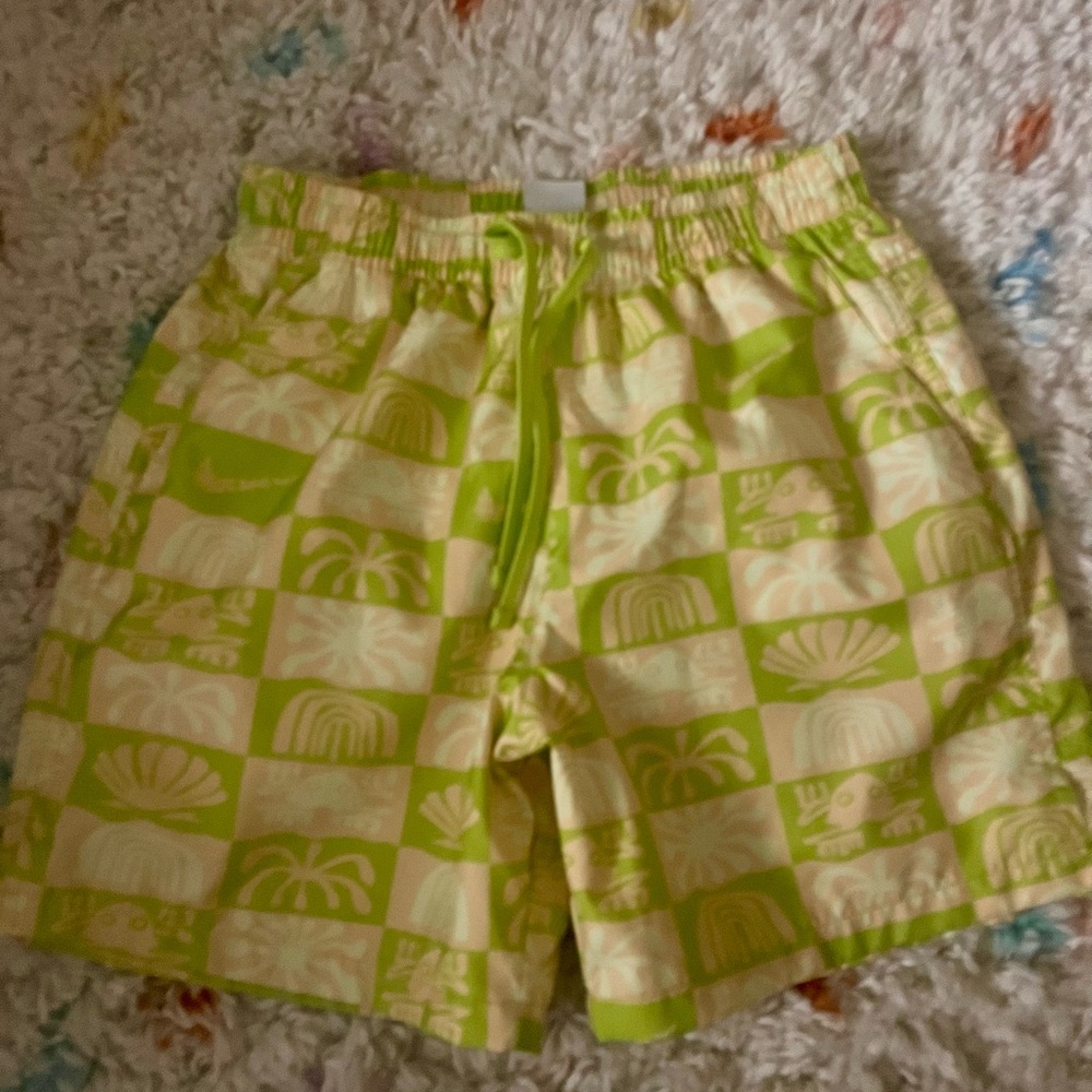 Nike Lime Green and Cream Patterned Drawstring Shorts swim small swoosh
